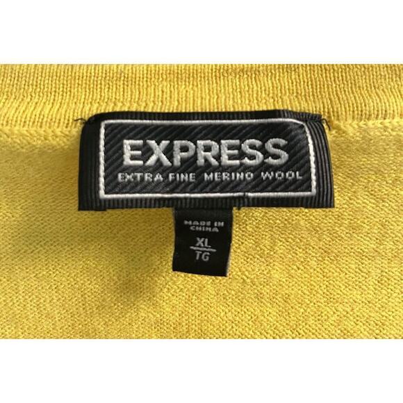 Express V-Neck 100% Merino Wool Sweater Sz XL Mens Yellow Lightweight Preppy - Picture 5 of 6